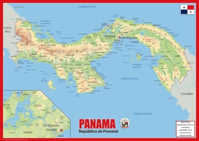 Panama Physical Map - 23.3 x 16.5 Inches - Paper Laminated