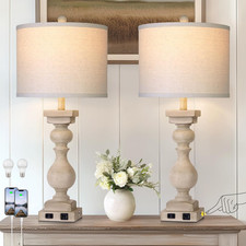 28" Tall Farmhouse Table Lamps Set of 2 with USB C A Ports and AC Outlet, 3 Way