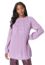 Roaman's Women's Plus Size Pointelle Yoke Crewneck Sweater