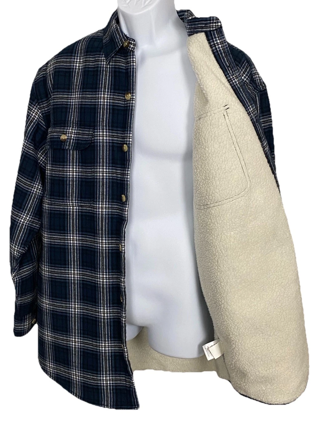Sherpa Lined Flannel Shirt Jacket Men Large Blue Plaid Bass Pro Red Head NWOT