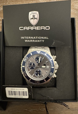 Carrero Men's Quartz Chronograph Date Gray/Blue Dial Blue Bezel Steel Bracelet