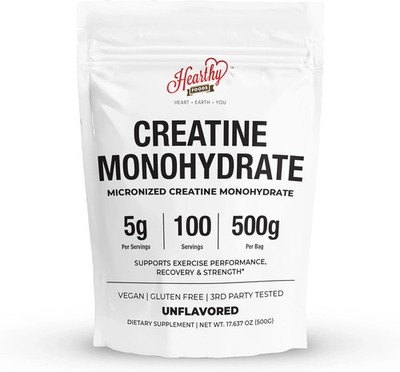 HEARTHY FOODS Creatine Monohydrate Micronized Powder 500G - 100 Servings, 5000mg