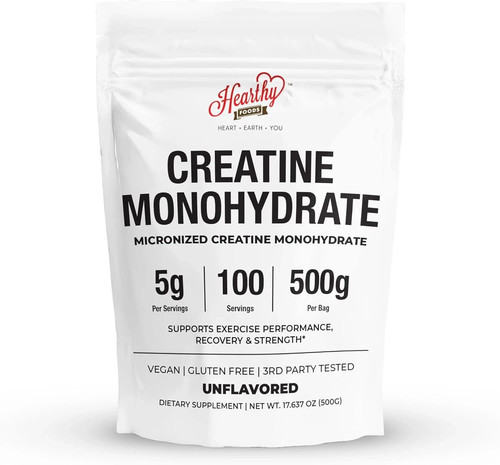 HEARTHY FOODS Creatine Monohydrate Micronized Powder 500G - 100 Servings, 5000mg