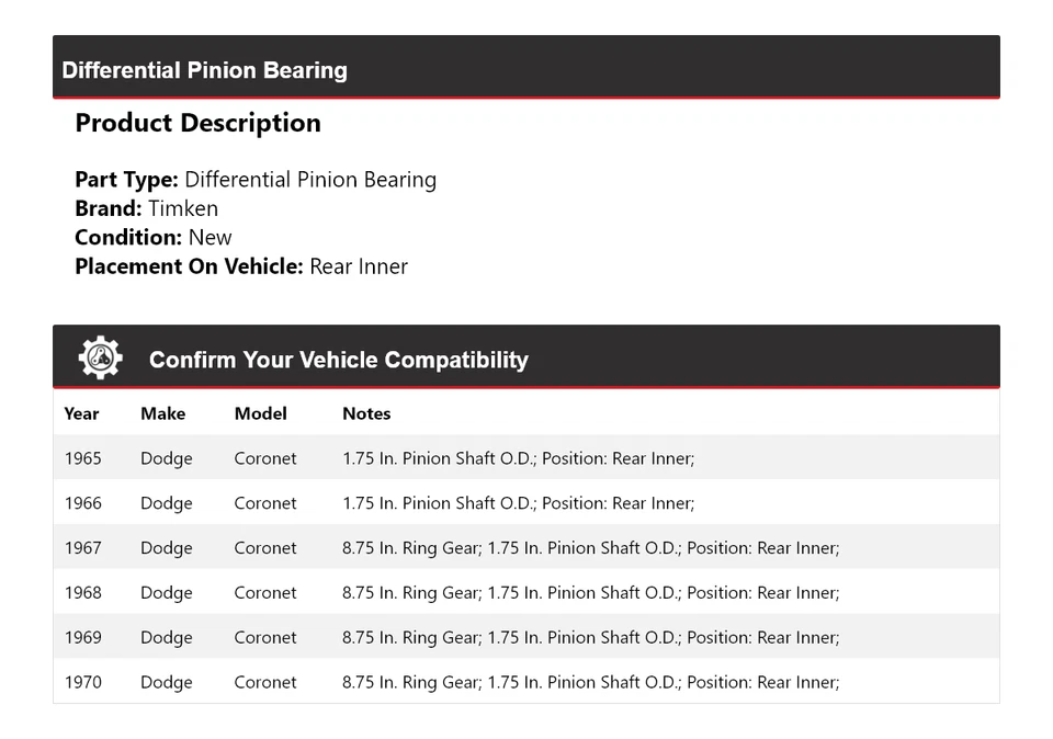 Cojinete de piñón diferencial trasero interior Timken 1966 para Dodge Coronet 1965-1970 Foto 2 de 4