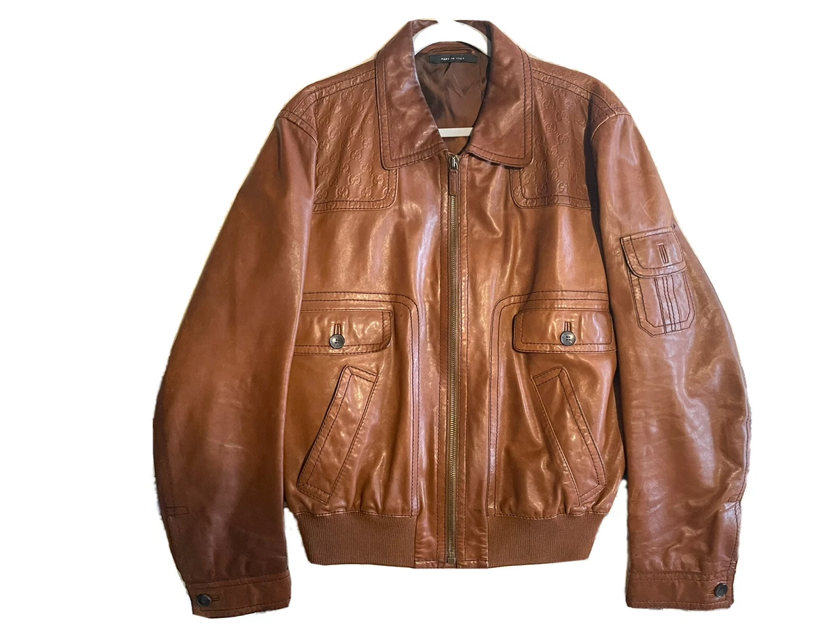 Elemental trådløs Udlevering GUCCI, Embossed Monogram Brown Leather Jacket, $4300 Retail - Mens Size 56  | eBay