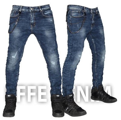 Jeans Uomo Denim con Catena Pantaloni Slim Fit Elasticizzati Nuovo 1975 |  eBay