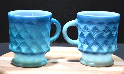 1 Vintage Anchor Hocking Fire King Kimberly Diamond Milk Glass Mug Blue Set of 2