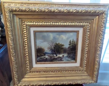 ANTIQUE DUTCH OIL PAINTING ON WOOD FRAMED HEAVY WOOD GOLD GILT FRAME SIGNED