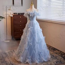 Beading Prom Dress Blue 3D Flowers Off Shoulder Sequined A Line Party Dresses