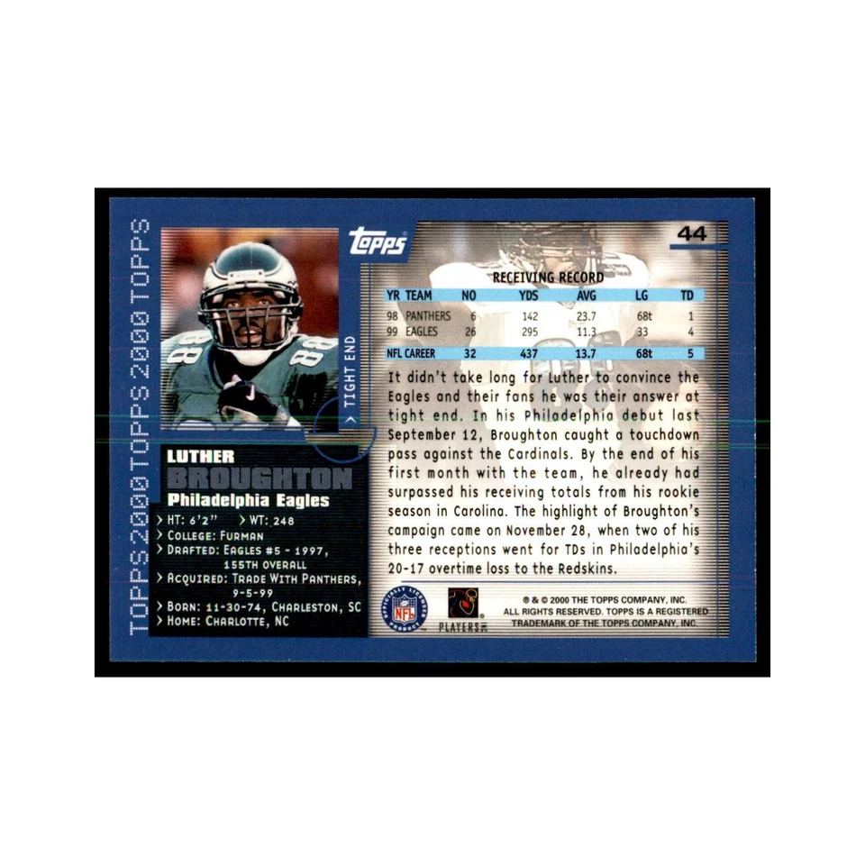 Luther Broughton 2000 Topps #44 Football Cards Football Card NM - Image 2 of 3