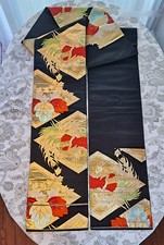 Japanese Vintage Kimono Fukuro Silk Obi Sash, 12"x 156", Gold Red Bird/leaves