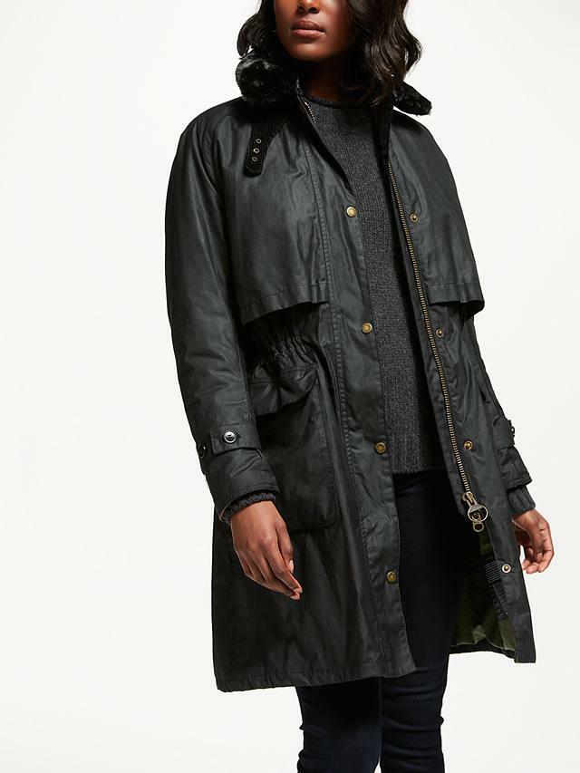 Womens BARBOUR Black Floree Wax Trench Jacket Coat 14 Faux Fur Collar