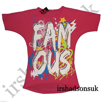NEW GIRLS '' FAMOUS '' PRINT STYLISH COLOURFUL FASHION T SHIRT / TOP 7-13 YEARS