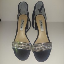 NINA Womens Black Crystal Embellishment Elenora Block Heel Leather Sandals 5.5 M