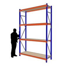 Longspan shelving Each bay 3m high x 460mm deep x 2m long with 4 levels & wood