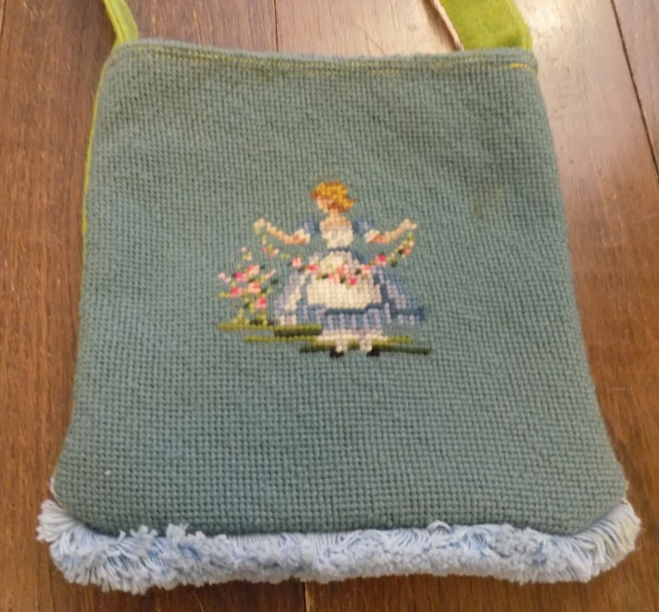 Vtg ADORABLE Embroidery Crewel Boho Crossbody Bag Wool Girl Fringe Blue OOAK - Image 3 of 4