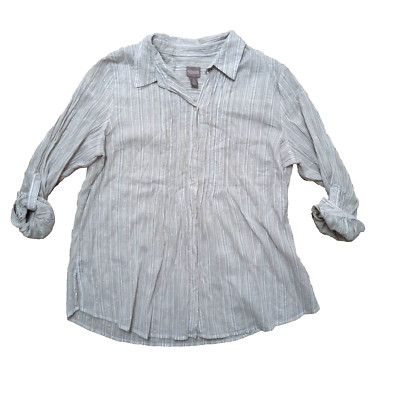 Chico s Sz 3 Roll Tab Gold White Striped Gold Threading Button Up Pleated Shirt