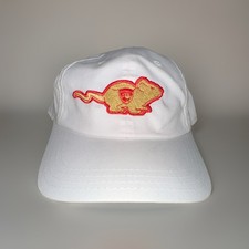 White strapback hat with gold and red embroidered running cougar panther logo ￼