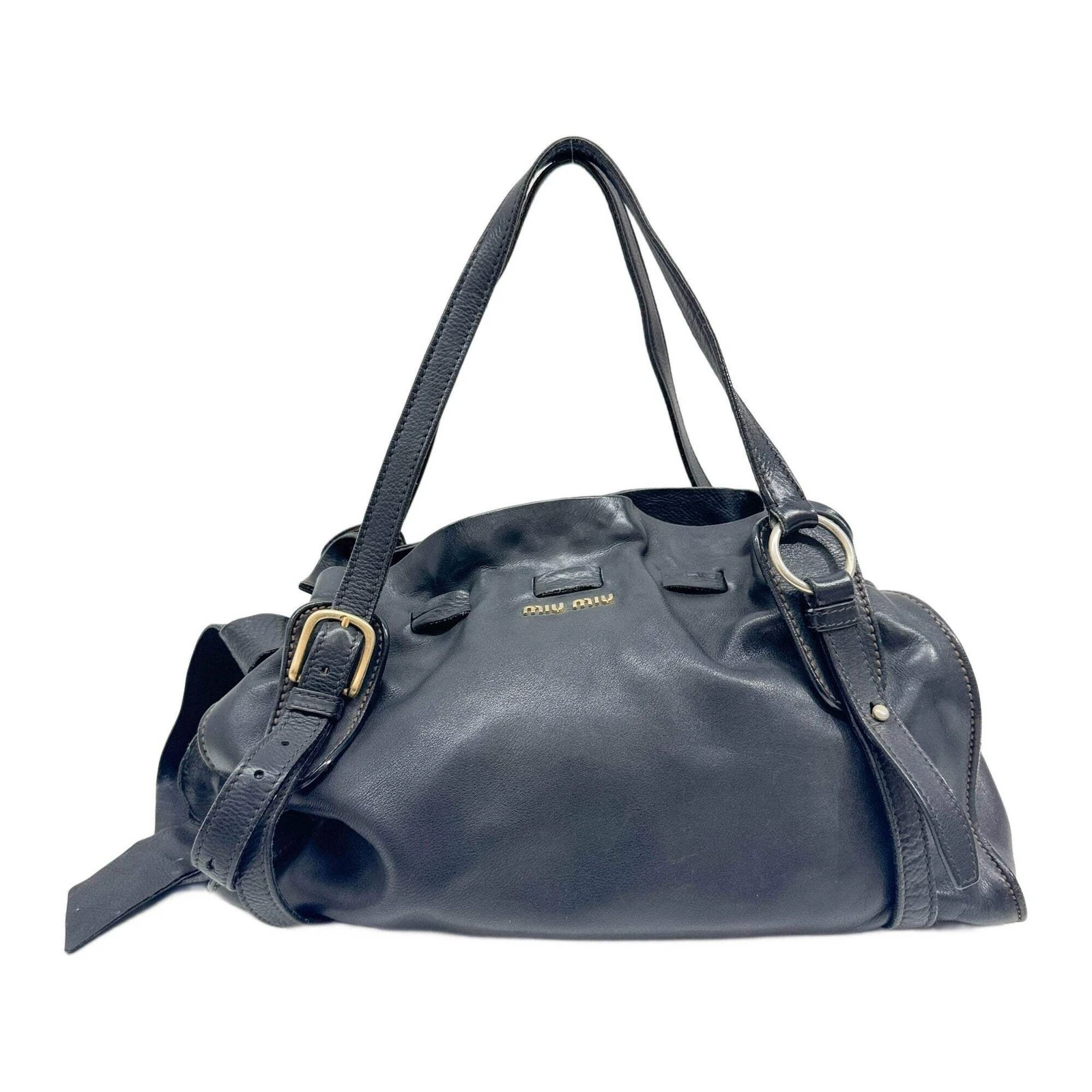 Miu Miu — MIU MIU Vitello Lux Bow Black Leather Shoulder Bag