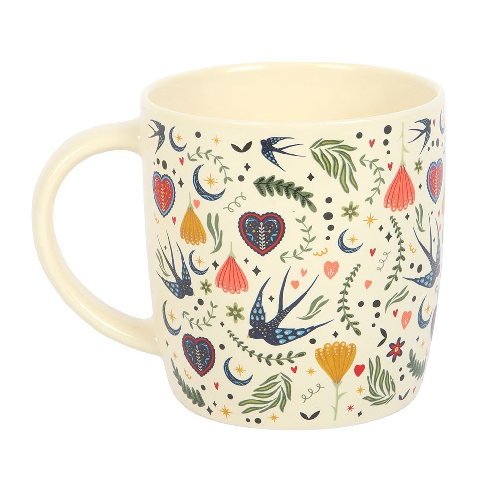 Cream Midnight Bloom Folk Art Mug Tea Coffee Cup Gift Heart Blue Swallow Floral