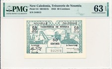 Tresorerie de Noumea New Caledonia 50 Centimes 1943  PMG  63EPQ