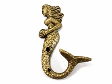 Cast Iron Mermaid Wall Hook Gold Distressed Nautical Beach Decor 6  