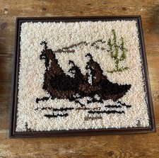 Vintage MCM Framed Latch Hook Rug Wall Quail Family Cactus Southwestern Western