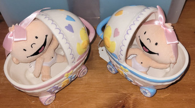 Burton&Burton Baby Carriage Ceramic Planters Small Retro with Baby Rattle 2007