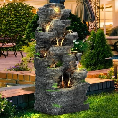 10 Tiers Cascading Rock Outdoor Water Fountain, Garden Freestanding W/ LED Light