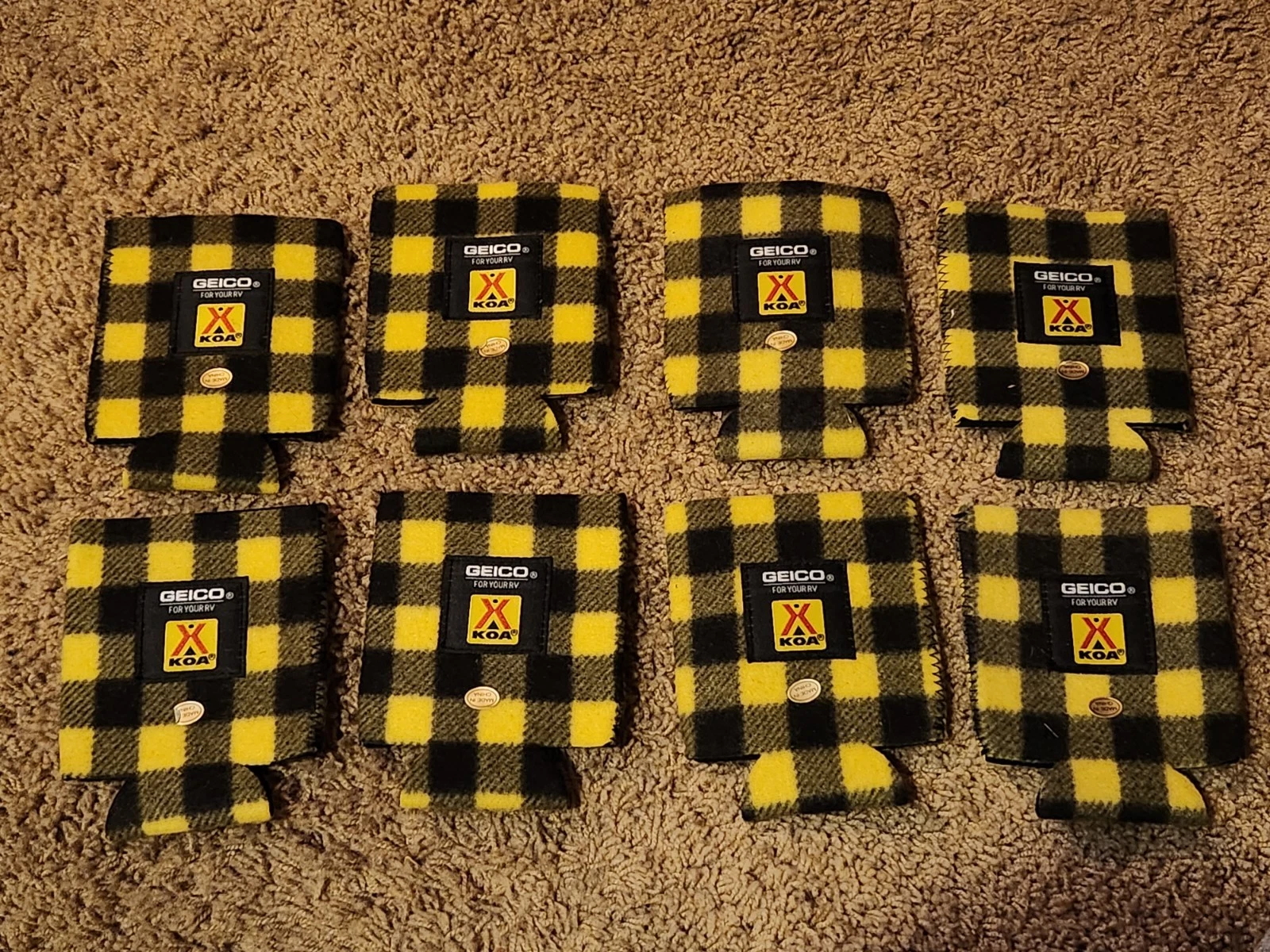 Lot Of 8 KOA campground Geico can drink bottle cooler yellow and black plaid