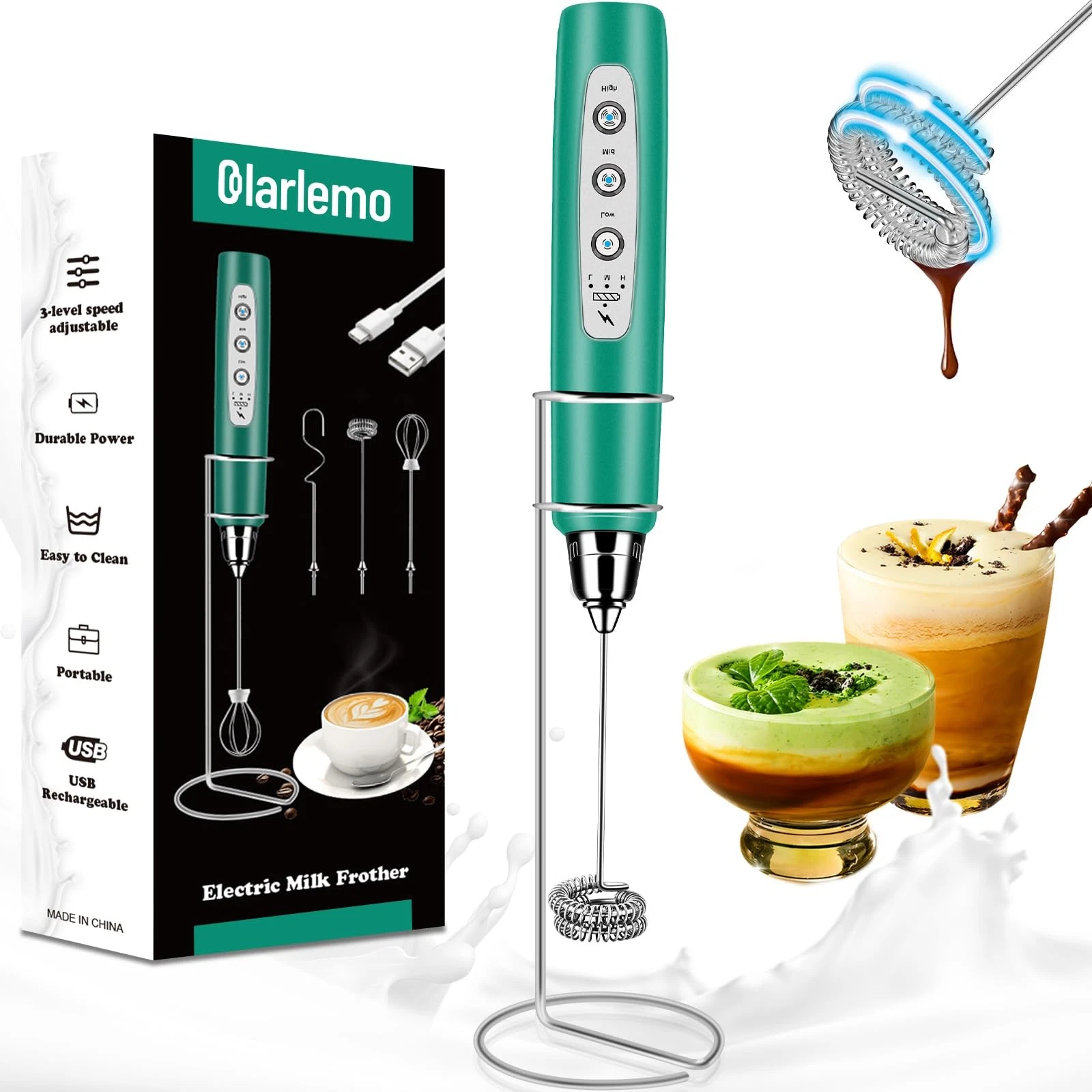Milk Frother Handheld Rechargeable with Stand, Frother Wand Drink Mixer Whisk...