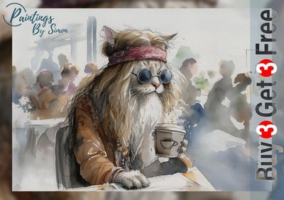 Cool Cat Drinking Coffee Watercolor 5''x7'' Print on Matte Paper | Fun Art