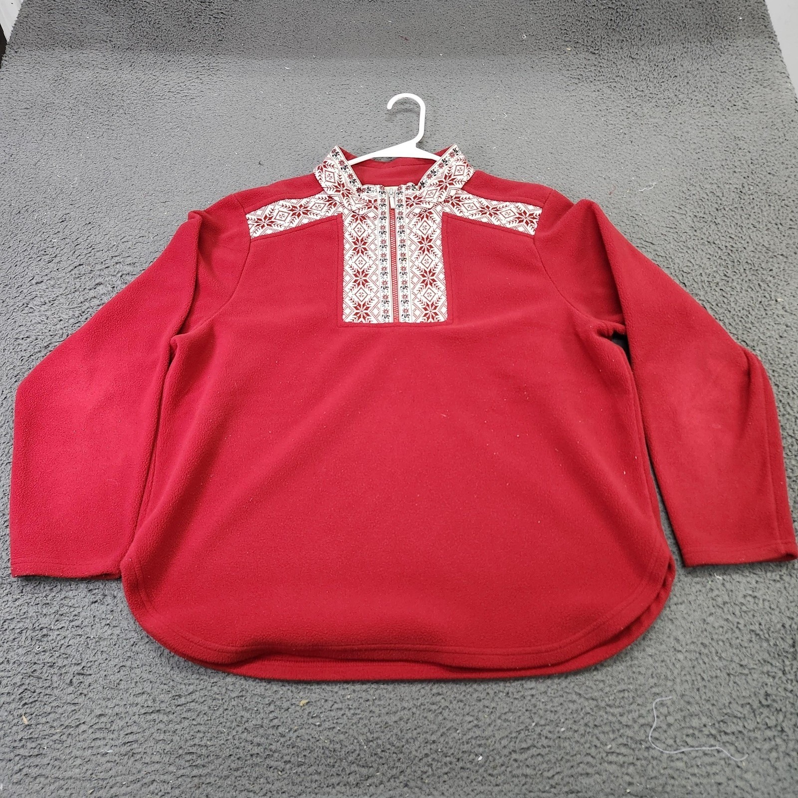 L.L. Bean Sweater Womens Large Red Fleece Mock Neck Fair Isle 1/4 Zip Pullover