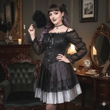 Worthington Black Silver Pleated Lace Trim Skirt 12 Y2K Whimsigoth Coquette NOS