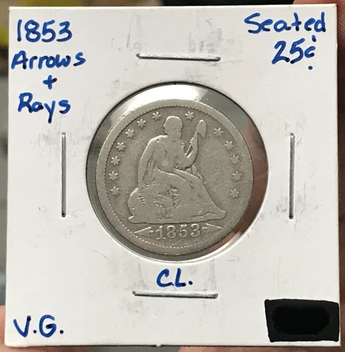 1853 Arrows & Rays 25C Silver Liberty Seated Quarter Dollar VG Details Cleaned