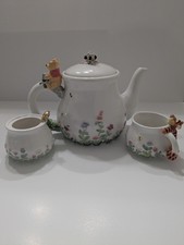 Rare Disney Simply Pooh Ceramic Tea Set Floral Winnie the Pooh  Tigger 5pc