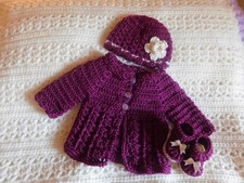 Handmade Baby Crochet Sweater Set Hat and Booties Girls 0-3 months - Raspberry