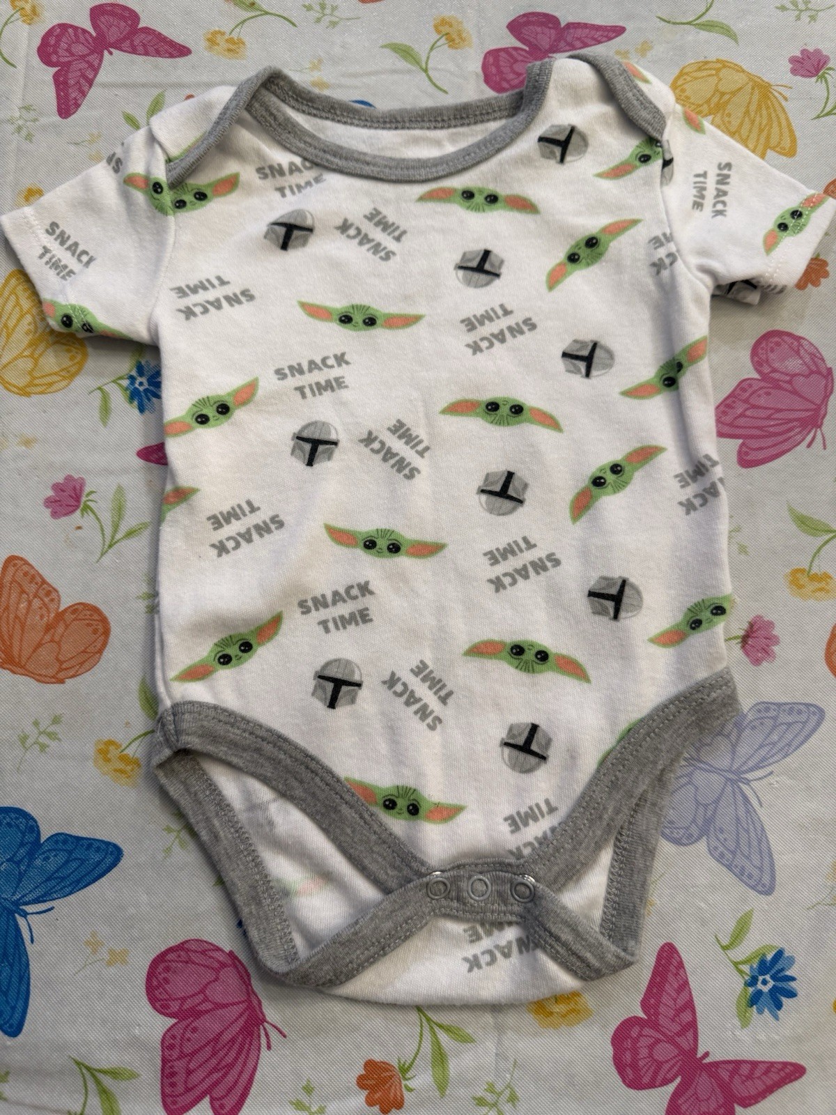 Star Wars Grogu Snack Time Bodysuit 6-9M White Gray Trim Snap
