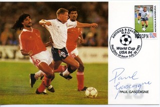 1994 WORLD CUP ILLUS. POST CARD signed PAUL GASCOIGNE VGC