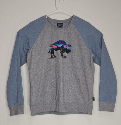 Patagonia Fitz Roy Bison Ahnya Crewneck Sweatshirt Gray Blue Size L Womens