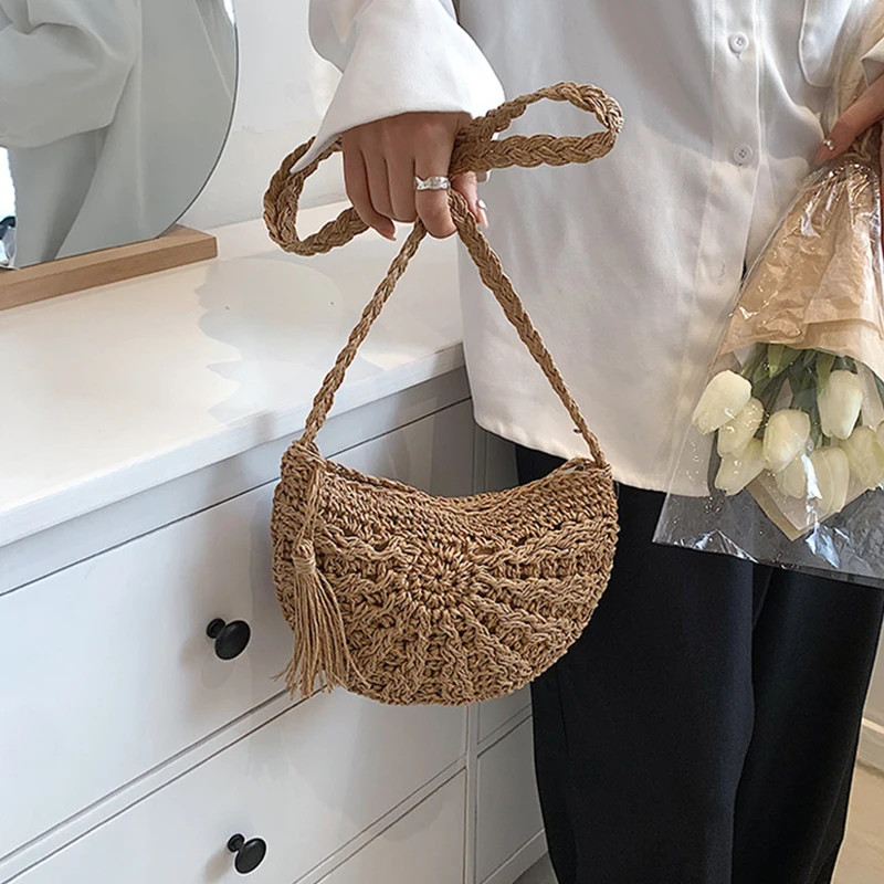 Straw Crossbody Bag Women Semicircle Woven Rattan Summer Shoulder