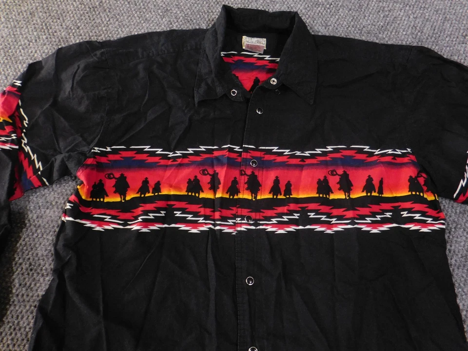 Camisa De Colección Express Rider Para Hombre XL Negra Vaquero Occidental Puesta de Sol Gráfico Snap Foto 4 de 4