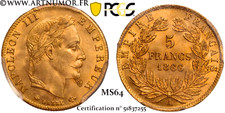 Napoléon III - 5 Francs Or, tête laurée 1866 A Paris | PCGS MS64