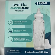 Eveflo Classic Glass Standard Neck 3 Pack 8oz Baby Bottles Slow Flow Nipples Cap