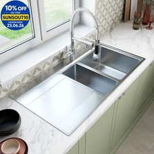 Image of Stainless Steel Kitchen Sink 1.5 Bowl LH Drainer Modern Inset Strainer Waste