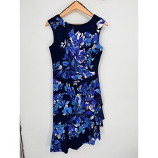 Eliza J Sheath Dress 6 Blue Floral Ruffle Asymmetric Hem Wedding Guest Cocktail