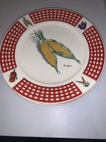 Tabletops Unlimited Fresh Vegetable Dinner Plates 10.75" Corn Red Checked