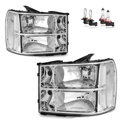 Pair Headlights For 2007-2013 GMC Sierra 1500 2500HD Chrome Clear Corner w/Bulbs