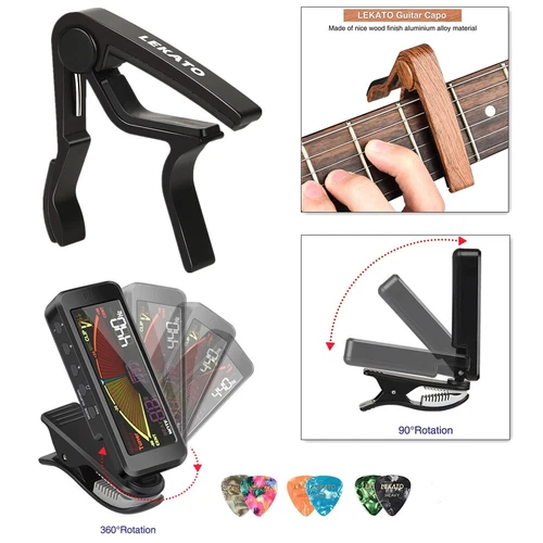 8pcs/set LEKATO 3 in 1 360° Clip-on Guitar Tuners Metronome + Quick Change Capo