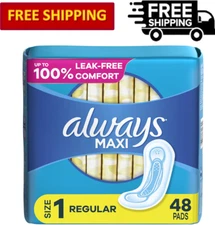 Always Maxi Daytime Unscented Pads w/o Wings, Size 1 RegularAbsorbency, 48 Count